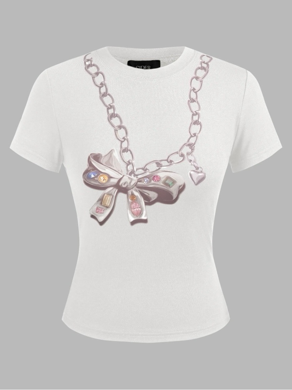 Cider Round Neckline Bowknot Chain Graphic Short Sleeve Tee Size L
